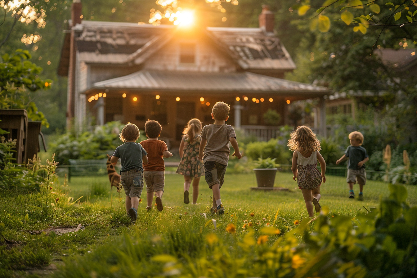 Children playing outside a house | Source: Midjourney