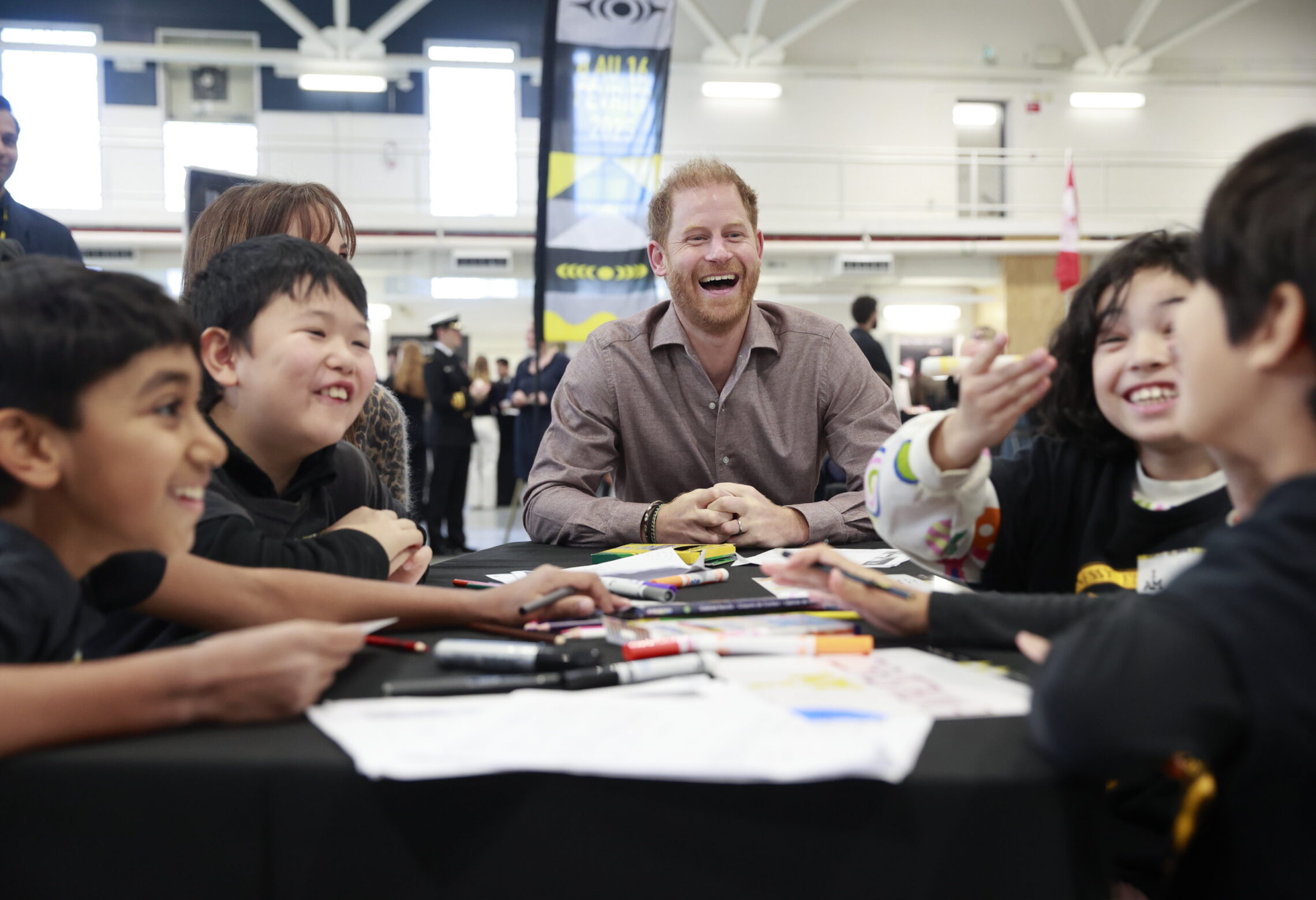 Prince Harry with students at Seaforth Armoury in Vancouver, Canada