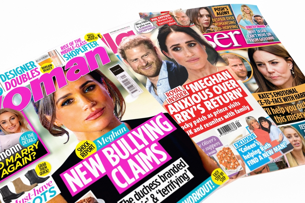 London,UK-4 October 2024: British royal family members HRH Prince Harry, Meghan Markle and Princess Of Wales Kate Middleton feature on covers of celebrity gossip magazines Woman, Bella and Closer.
