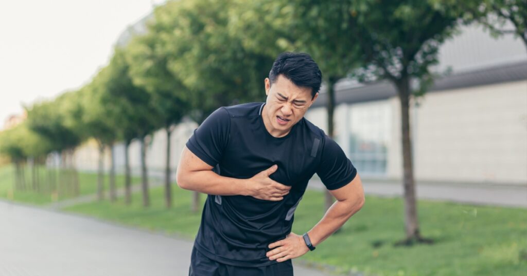 Male asian athlete, has chest pain