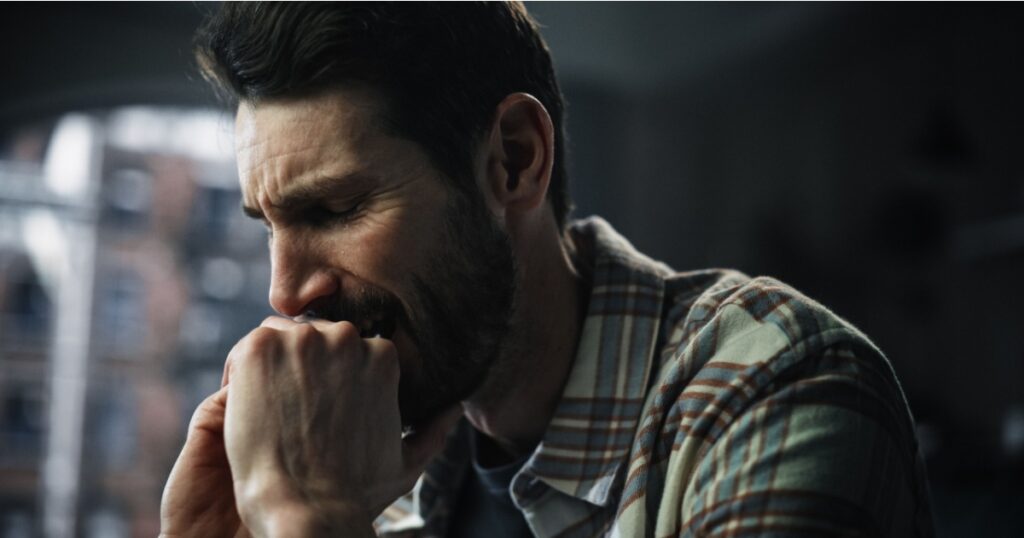 Portrait of Emotional Man Crying, Stressed, Having Mental Problems, Dealing with Death in the Family, Loneliness. Male Suffering from Depression, anxiety or other Treatable Disorders