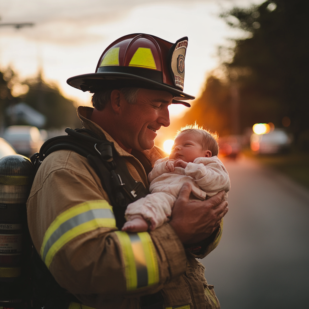 A firefighter gently cradling a newborn baby | Source: Midjourney