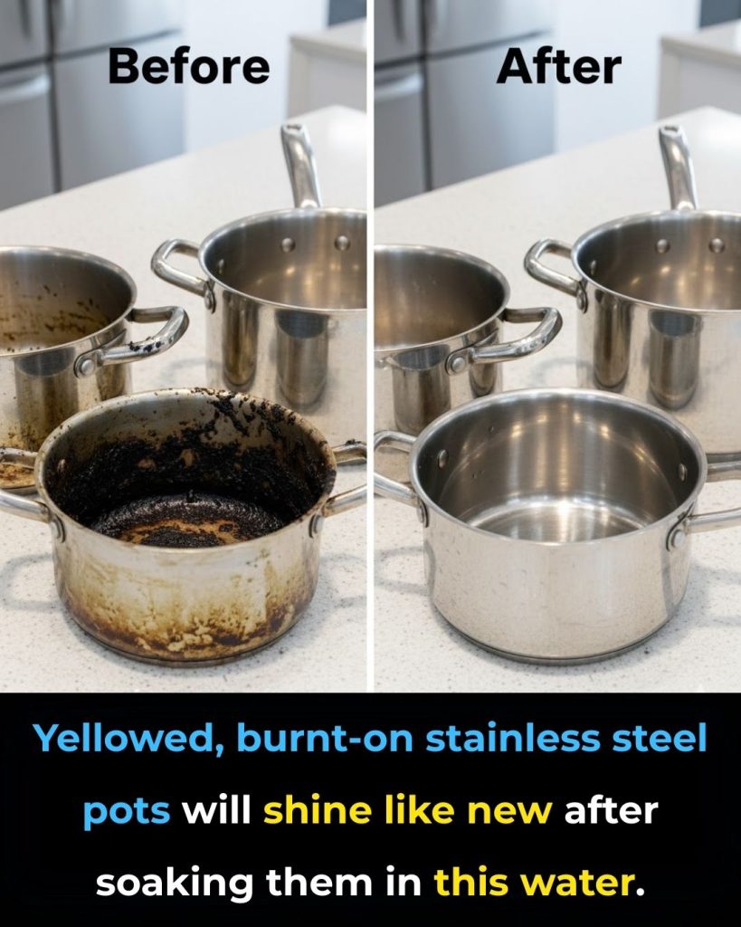 Yellowed, burnt-on stainless steel pots will shine like new after soaking them in this water