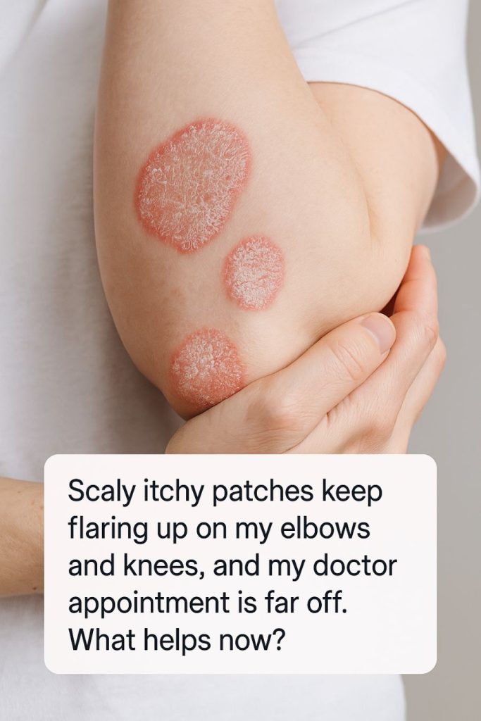 Scaly itchy patches keep flaring up on my elbows and knees, and my doctor appointment is far off. What helps now?