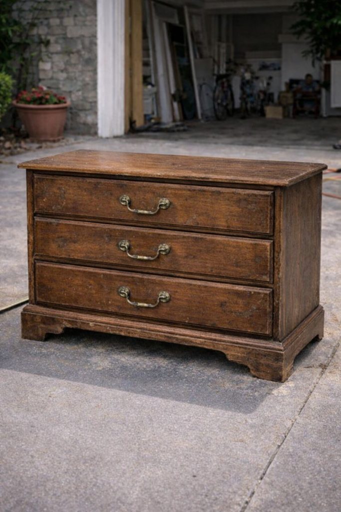 Woman measures a bulky old dresser and makes one bold cut. The result looks store-bought