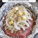 Pile sliced onions and these 4 ingredients over beef for a baked supper I keep craving week after week