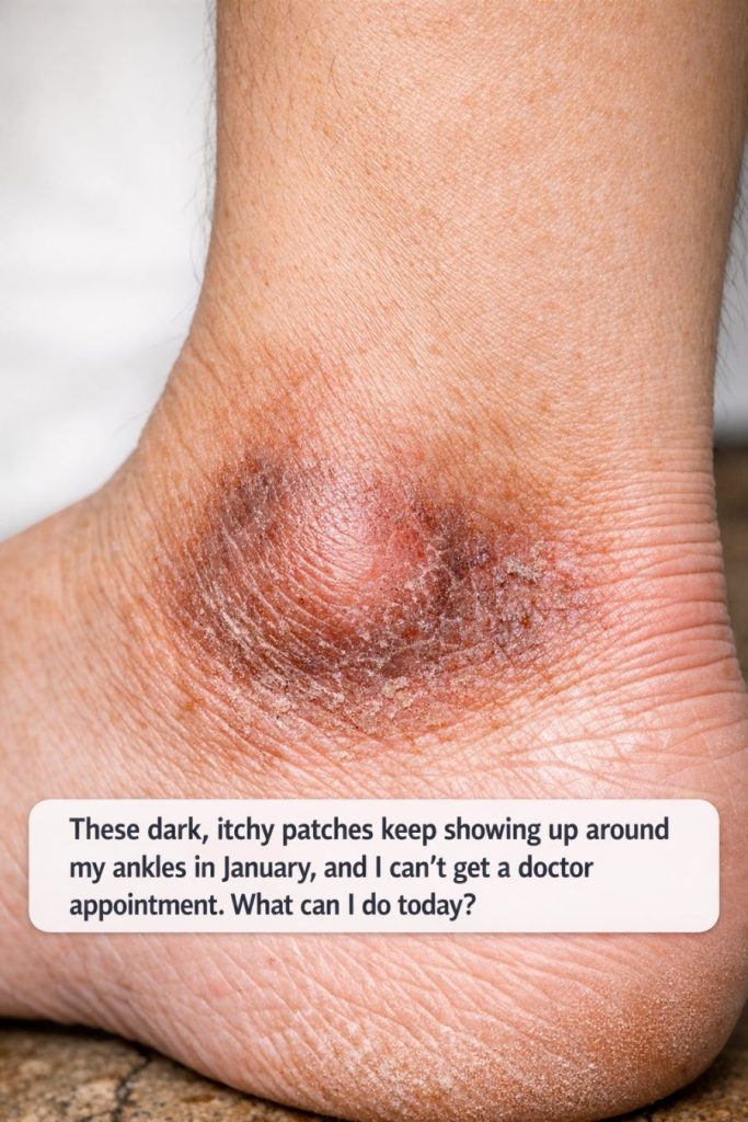 These dark, itchy patches keep showing up around my ankles in January, and I can’t get a doctor appointment. What can I do today?