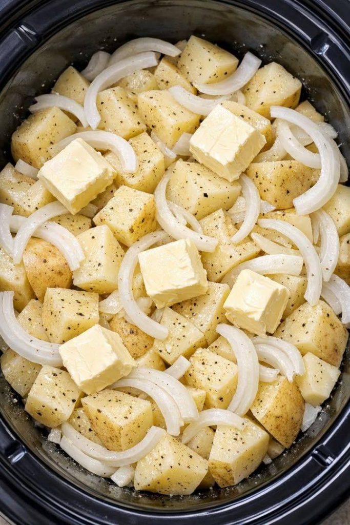 Put potato chunks, butter, and sliced onions in the slow cooker and get a meal so delicious your family will be begging for more.
