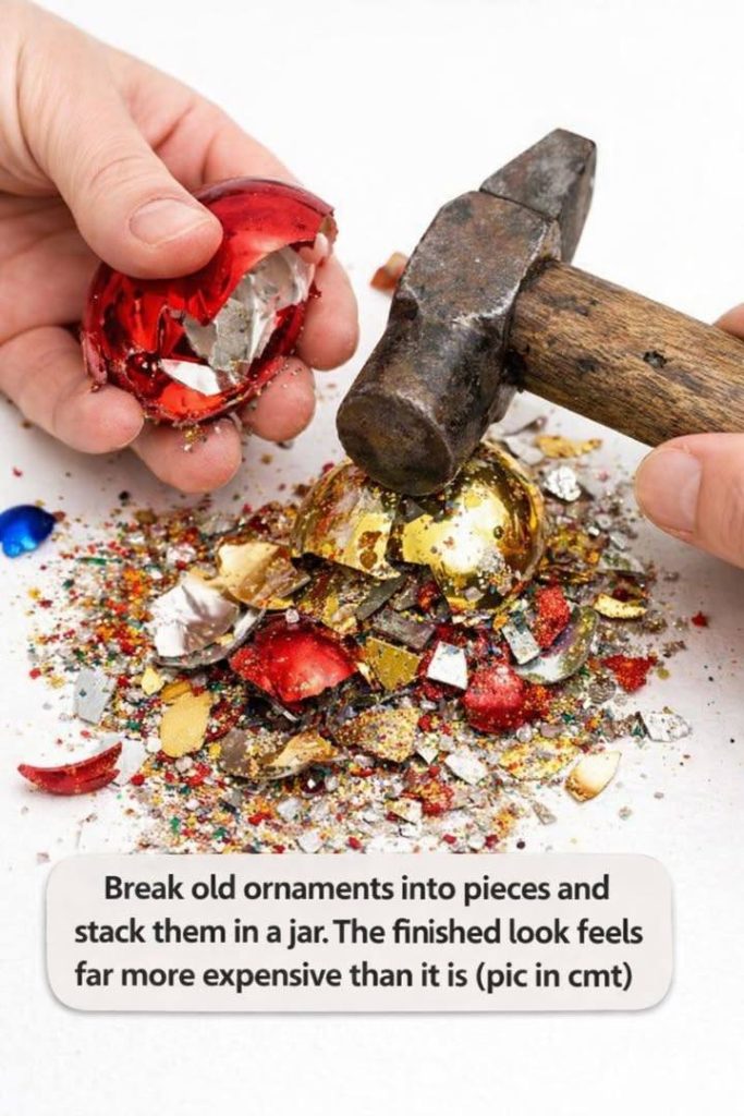 Break old ornaments into pieces and stack them in a jar. The finished look feels far more expensive than it is