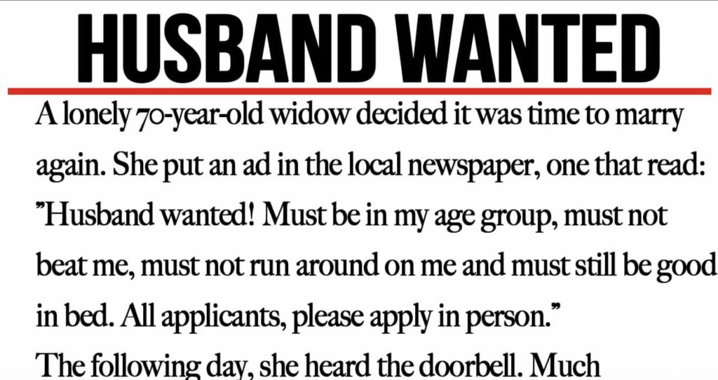 Funny story: 70-year-old widow posts single ad in newspaper