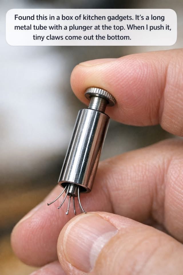 Found this in a box of kitchen gadgets. It’s a long metal tube with a plunger at the top. When I push it, tiny claws come out the bottom.