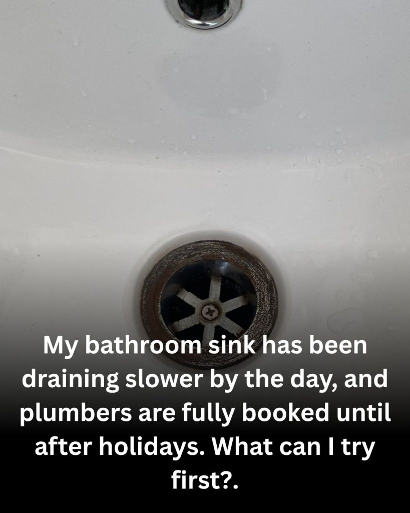My bathroom sink has been draining slower by the day, and plumbers are fully booked until after holidays. What can I try first?.