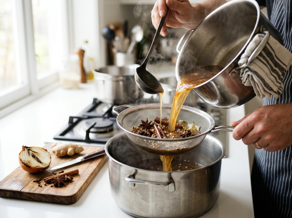 Cook straining homemade beef pho broth through a mesh sieve into a pot