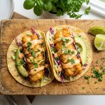 Crispy fish tacos with cabbage slaw topped with chipotle sauce and lime on a wooden board