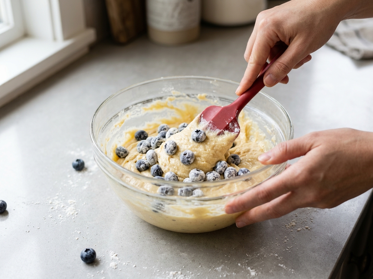 Folding fresh blueberries into batter for lemon blueberry pound cake