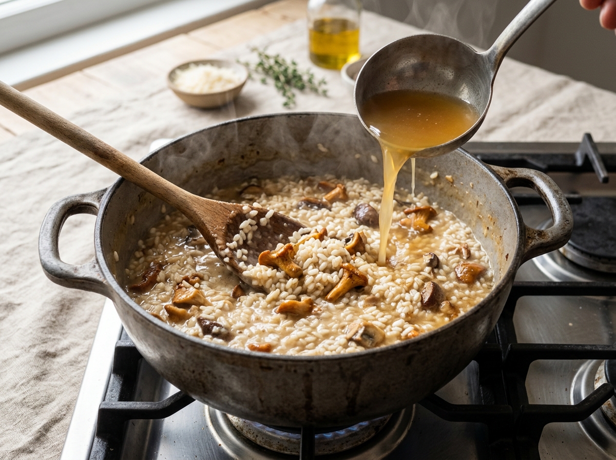 Stirring mushroom risotto in a pot while adding warm stock with a ladle