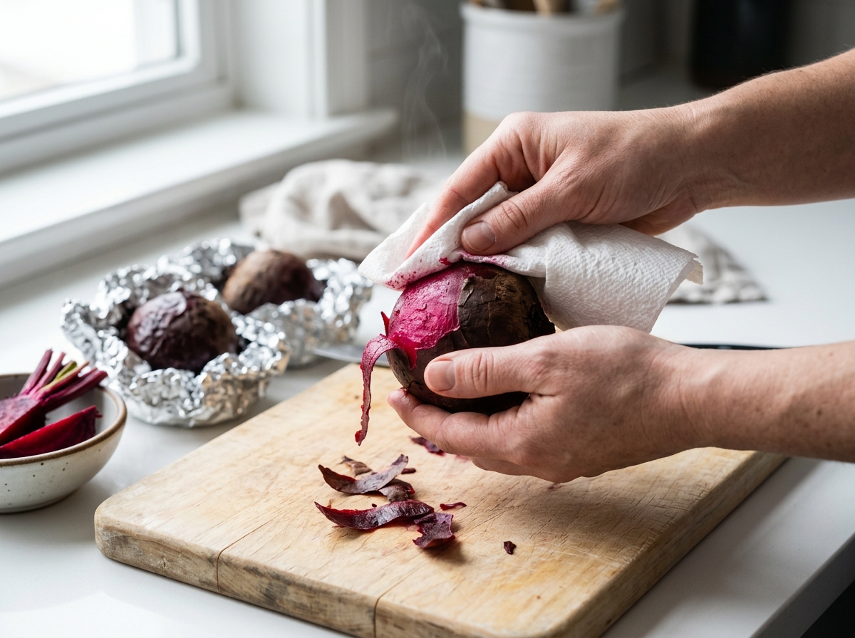 Hands peeling skin off a warm roasted beet while making roasted beet and goat cheese salad