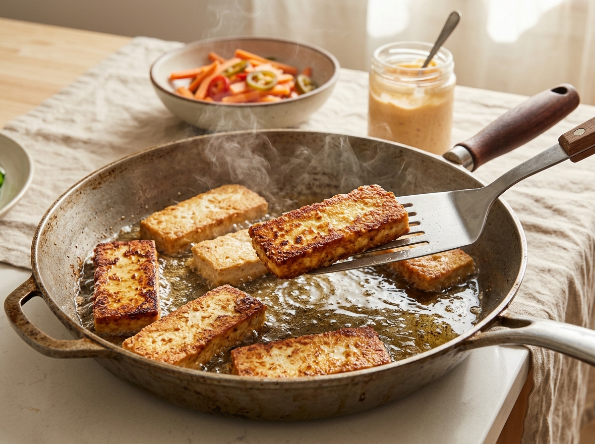 Golden crispy tofu frying in a skillet for tofu banh mi